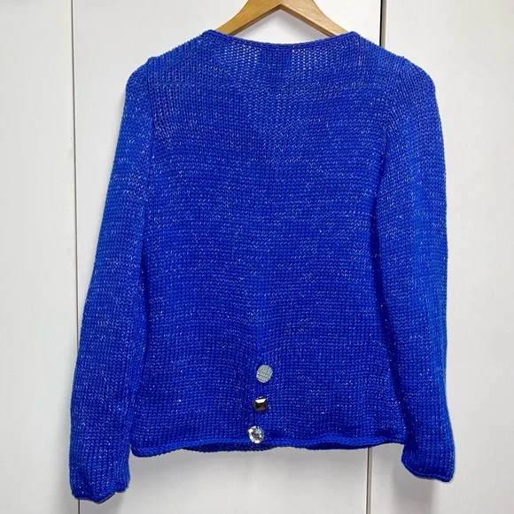 Pure Handknit Chunky Cardigan Button Up Knit Sweater Marled Blue & Silver S/M - Picture 5 of 6